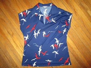 CAMICIA POLIESTERE MARDI MODE vintage anni 70 top camicia donna rosso bianco blu uccellini 38 - Foto 1 di 5