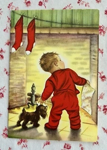 Vintage Mid Century UNUSED Xmas Cute Little Boy in Red Pajamas Dog Greeting Card - Picture 1 of 5