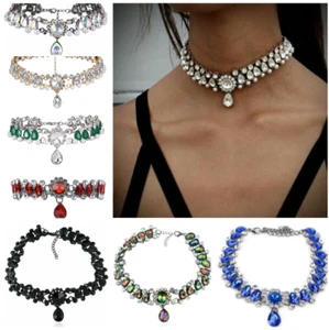 UK Women Ladies Crystal Rhinestone Choker Collar Necklace Jewellery 5 Colours - Picture 1 of 12