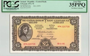 IRELAND 5 Pounds 1975, P-65c, PCGS 35 PPQ Original Very Fine, Pretty Banknote - Picture 1 of 2