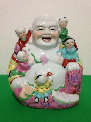ESTATUA DE BUDA GRANDE FELIZ ROSA FAMILIA CHINA DE COLECCIÓN CON BASE FIRMADA PARA NIÑOS  Foto 1 de 4