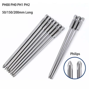 Magnetic PH1 PH2 Screwdriver Power Drill Bit Set 50-200mm Long Philips 1/4" Hex - Picture 1 of 41