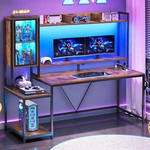 Computer Desk with Storage Shelves, Hutch and LED Lights, Large PC Gamer Desk - Picture 1 of 8