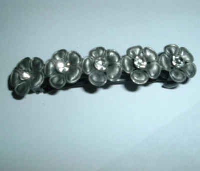 PEWTER AND RHINESTONE DOGWOOD FLOWER  3" HAIR  BARRETTE NWT - Image 1 of 3