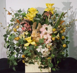 Valerie Parr Hill Metal Basket w/ Spring Flowers & Sisal  Bunny-Door Decoration - Picture 1 of 6