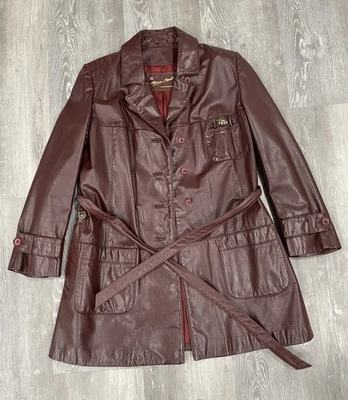 Etienne Aigner Coat Women 14 Burgundy Oxblood Leather Belted Trench Vintage - Image 1 of 4