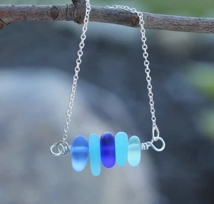 Collana Vetro Mare Blu | Gioielli Graziosi Delicati Semplici Oceano Spiaggia Natura - Foto 1 di 2