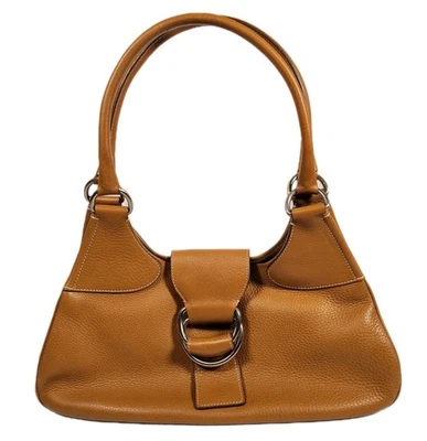 Vintage Prada Leather Buckle Half Moon Shoulder Bag in Tan Silver  - Image 1 of 4