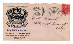 BRIEFMARKE US COVER GIRLANDE ÖFEN ILLUSTRIERT WERBUNG CHICAGO 1899 13 STERNE FLAGGE - Bild 1 von 3