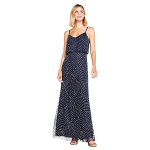 NWT Adrianna Papell Art Deco Beaded Blouson Maxi Dress Navy Blue Size 12 - Picture 1 of 8