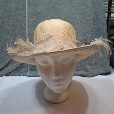 Yellow Vintage Mr Charles Wide Brim Hat One Size Feathers And Beads - Image 1 of 4