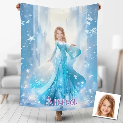 Custom Christmas Photo Name Blanket, Personalized Name Elsa Pricess Blanket - Image 1 of 2