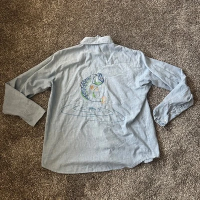 Vtg 60s Sears Western Wear Chambray Shirt Embroidered Fishing Cowboy Workwear - Image 1 of 4