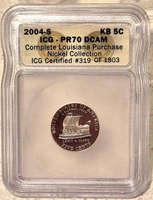 2004-S 5c ICG PR70DCAM JEFFERSON KEEL BOAT NICKEL PROOF DEEP CAME0 319 OF 1803 - Image 1 of 2