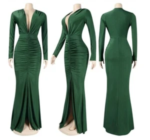 Women Deep V Neck Long Sleeve Solid Sexy Split Ruched Bodycon Party Maxi Dress - Picture 1 of 18
