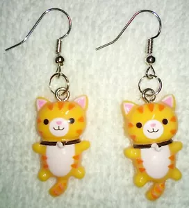 Resin Orange Tabby Cat Earrings Hypoallergenic 1.75" Long Silvertone Hook - Picture 1 of 3