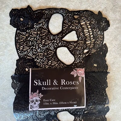 Skull & Roses Decorative Table Runner, Black Vinyl Centerpiece 3' Long, NIP NWT - Image 1 of 4