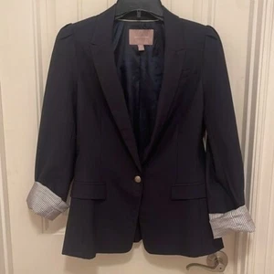 Banana Republic 95%wool Puff Shoulder 1 Button flip cuff Blazer women sz 10 Navy - Picture 1 of 15