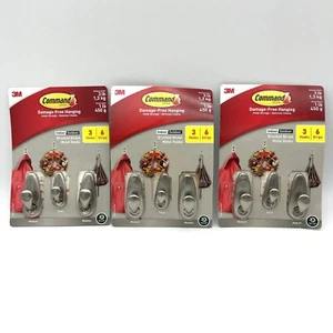 Command Metal Hooks Brushed Nickel Set 3 Indoor Outdoor Bath Kitchen Coat Hanger - Picture 1 of 6