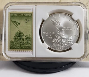 2005-P - U.S. Marines Commemorative - Silber Dollar mit Briefmarke - sehr schön! W6 - Bild 1 von 10