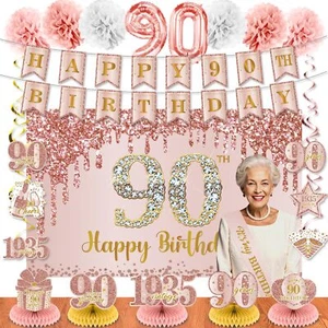 90th Birthday Decorations for Women Rose Gold Happy 90th Birthday Banner Back... - Picture 1 of 7