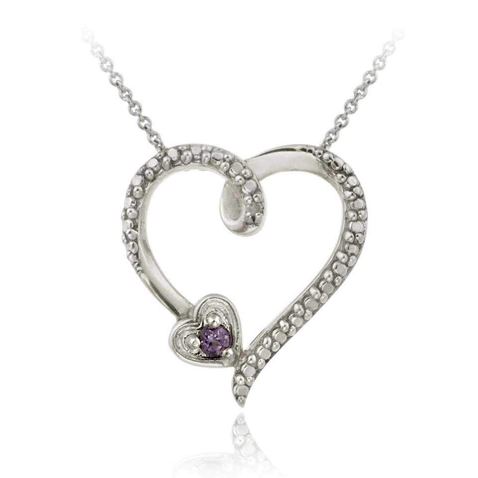 925 Silver Amethyst & Diamond Accent Heart Necklace - Image 1 of 3