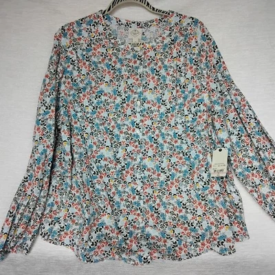 Blusa St John's Bay feminina 1X Plus nova com etiquetas floral elástica manga algemada botão para baixo - Imagem 1 de 4