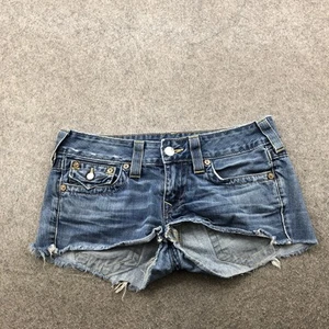 True Religion Shorts Womens 30 Blue Distressed Denim Raw Hem Joey Made in USA - Bild 1 von 9