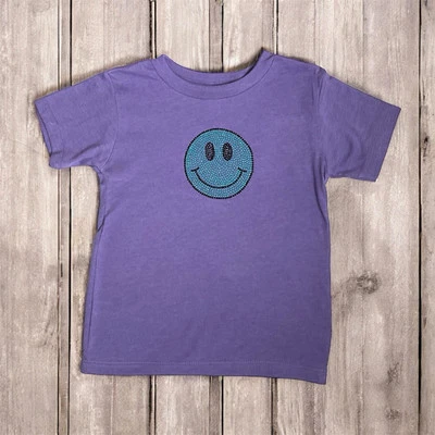 Camiseta de manga corta con estrás cara sonriente púrpura hecha a mano para niñas talla 3T Foto 1 de 3