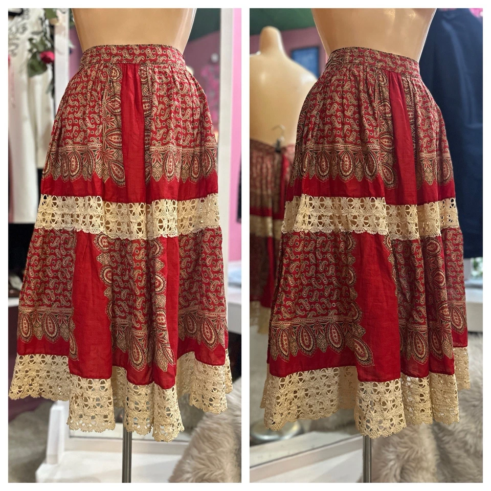Falda Vintage Años 30 40 Algodón Floral Estampado Paisley Rojo Marfil Encaje Crochet S/M Foto 1 de 4