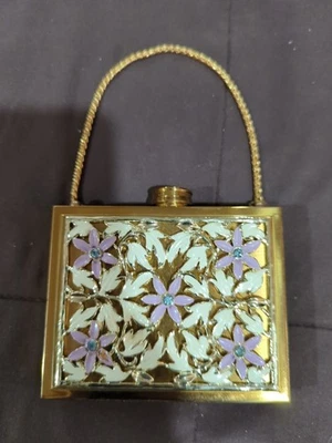 1940s Golden Enamel Flowered Metal Makeup Compact Mini Purse With Original Label - Image 1 of 4