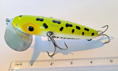 Vintage Arbogast Musky Magnum 3-hook Jitterbug 4.5" NICE Leopard Frog - Image 1 of 4