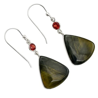 Blue Tiger Eye & Hessonite Garnet 925 Sterling Silver Earrings Jewelry E-1002 - Image 1 of 4