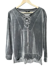 Spring + Mercer Soft Velour Lace Up Front Gray Top Shirt Sweatshirt Sz Small - Picture 1 of 10