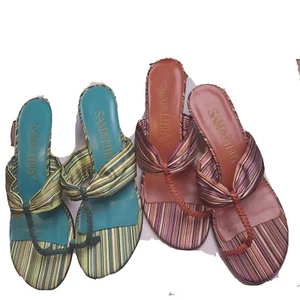 SAM & LIBBY WOMEN'S 9 M LOT 2 PAIR STRIPED SLIP-ON THONG SANDALS HEELS SHOES - Picture 1 of 13