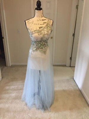 Junior Prom Dress, Cream And Light Blue Tule, Beaded One Sholder, Size 4 ,  - Image 1 of 4