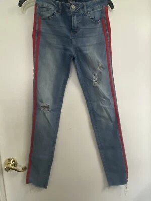 Pantalones de mezclilla azul caramelo desgastados talla 14 ajustados para niñas con rayas rojas dobles Foto 1 de 4