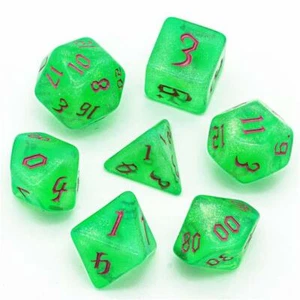 Green Glitter Party Glitter Dice (Pink font) 7-Dice Set RPG DND - Picture 1 of 6
