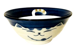 Japanese Smiling Happy Cat Porcelain Noodle Rice Soup Bowl Blue & White 3"H 6"W - Picture 1 of 7