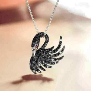 2.45 Ct Round Simulated Black Diamond Swan Charm Pendant 14k White Gold Plated - Picture 1 of 8
