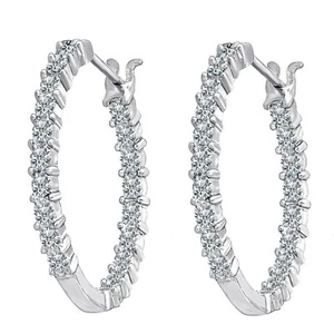 Redondo Diamante Transparente 14CT Bañado en Oro Blanco Interior Aro Pendientes - Imagen 1 de 2