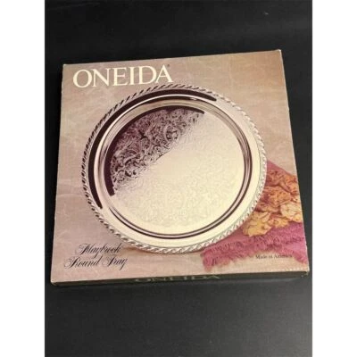 Oneida Maybrook Large Round Silver Serving Tray Ornate Floral Design - Image 1 of 4