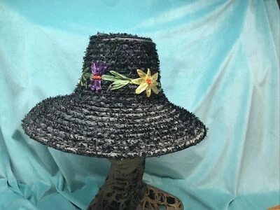 vintage straw hat 1940s 50s Beach Black Raffia Made In Italy  6 5/8 - Image 1 of 4