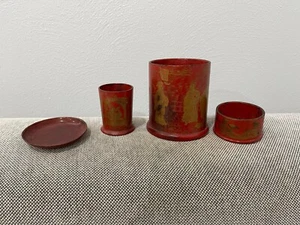 Antique Group of 4 Chinese or Japanese Lacquer Dishes w/ Figures Decoration - Picture 1 of 10