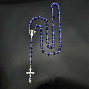 Men Royal Blue Catholic Virgin Mary Crystal Beads Womens Silver Rosary Necklace - Foto 1 di 4