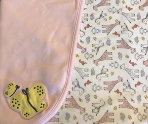 Carters Pink Baby Blanket Yellow Butterflies Zebras Giraffes Monkeys Cotton - Picture 1 of 8
