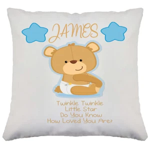 Personalised Custom Baby's Birth Teddy Bear Cushion Boy & Girls 40x40 UK Seller - Picture 1 of 3
