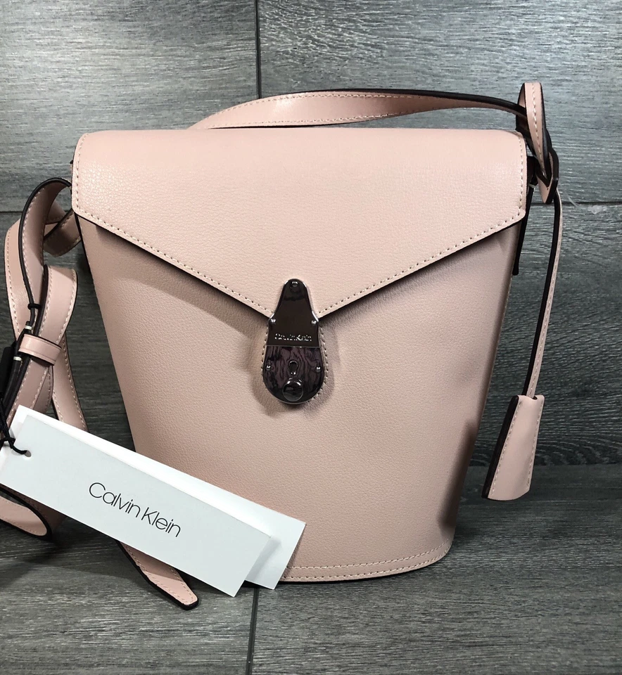 Calvin Klein Statement Series Lock Flap Daytonna Leather Bucket Crossbody Bag