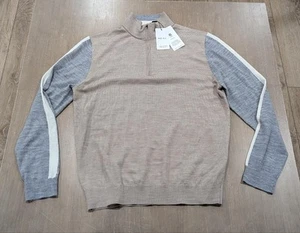 $190 Mens REISS Wool Two-Tone 1/4 Zip Sweater Oatmeal/Gray XL - Picture 1 of 6