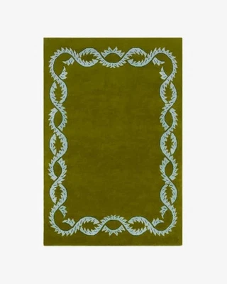Hand Tufted Green Area Rug with Blue Ornate Border, Modern Decorative Carpet - Image 1 of 4